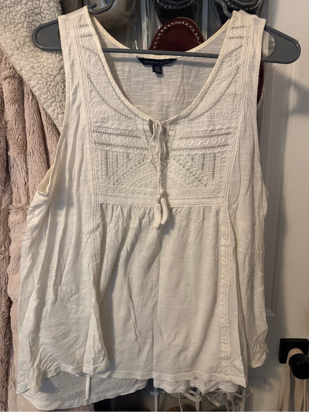 American Eagle Outfitters Cream Embroidered Tie-Front Tank